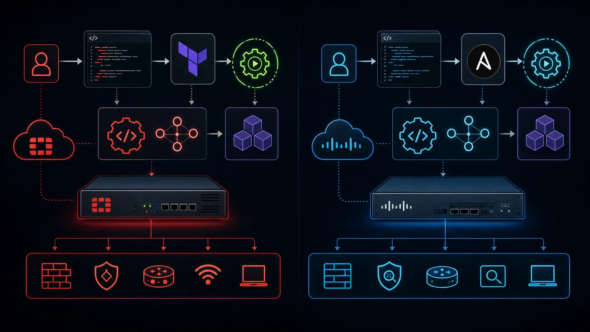 Схема сравнения REST API FortiGate и рабочего процесса автоматизации Terraform с API Cisco Firepower Management Center и модулями Ansible для инфраструктуры сетевой безопасности как кода