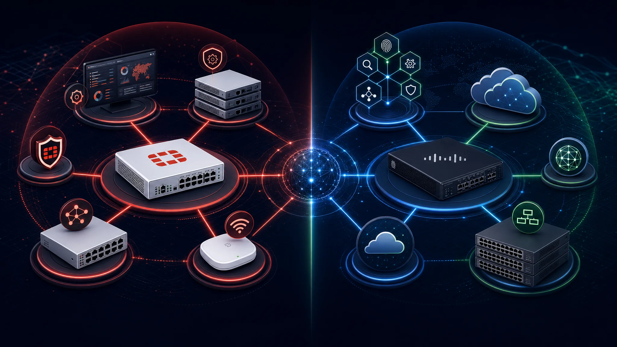 Схема сравнения, показывающая экосистему продуктов Fortinet Security Fabric, включая FortiGate, FortiSwitch, FortiManager и FortiAP, против экосистемы Cisco Secure, включающей Firepower, Catalyst, SecureX и Umbrella