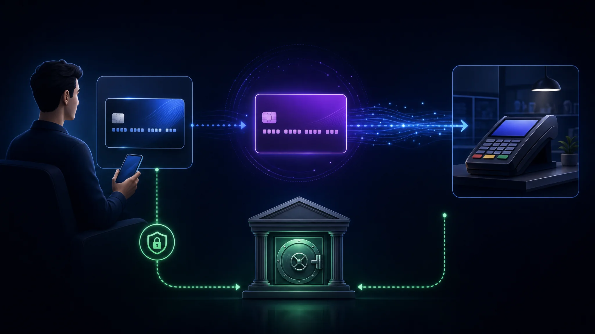 Схема, показывающая, как номер виртуальной карты передаётся продавцу, в то время как реальный номер карты остаётся между держателем карты и эмитентом