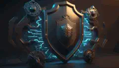 Анимированное 3D-изображение щита, защищающего группу подключенных IoT-устройств, символизирует важность кибербезопасности для IoT-сетей.
