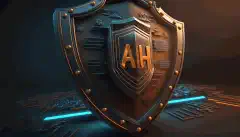 Анимированное 3D-изображение щита с нанесенными на него буквами AI, блокирующего входящие стрелы, символизирующие киберугрозы.