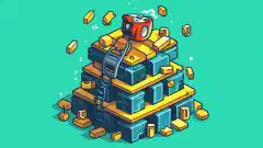 Мультяшная иллюстрация значка инструмента Packer, собирающего стопку изображений с помощью функций эффективности и безопасности.