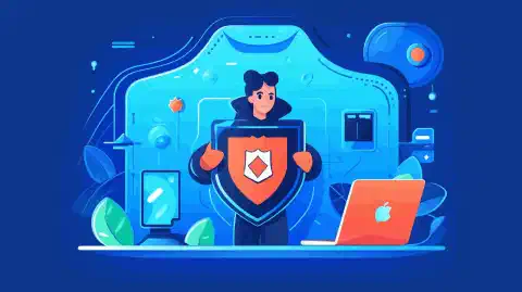 Мультяшная иллюстрация человека, просматривающего защищенный сайт интернет-магазина, с символом замка и щитом на заднем плане.