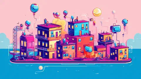 Мультипликационная иллюстрация, демонстрирующая сети Интернета вещей Crankk и Helium, соединяющие интеллектуальные устройства в децентрализованной и беспроводной среде.