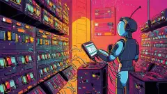 Красочное изображение в мультяшном стиле, изображающее робота, применяющего исправления к кластеру серверов Linux.