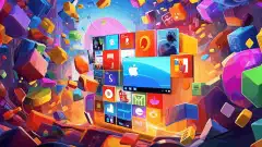 Красочная иллюстрация с логотипом Windows, окруженным различными значками программного обеспечения, представляющими оптимизированное управление пакетами и обновлениями.