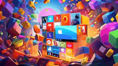 Красочная иллюстрация с логотипом Windows, окруженным различными значками программного обеспечения, представляющими оптимизированное управление пакетами и обновлениями.