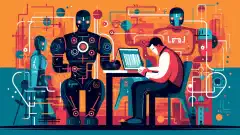 Красочная иллюстрация, изображающая человека-тестера и робота-тестера, работающих вместе над тестированием программных приложений.