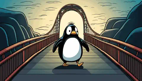 Дружелюбный мультяшный пингвин Linux уверенно шагает по мосту в успешное будущее.