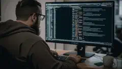 Человек сидит перед компьютером и набирает код в интерфейсе командной строки, а на экране прокручиваются строки текста. 