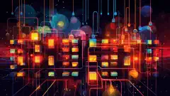 Яркое и динамичное произведение искусства, изображающее сетевую инфраструктуру с индикаторами мониторинга и аналитикой.