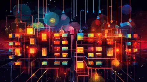 Яркое и динамичное произведение искусства, изображающее сетевую инфраструктуру с индикаторами мониторинга и аналитикой.