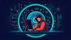 Анимированная иллюстрация, изображающая хакера, использующего компьютер и лупу для поиска и анализа уязвимостей и уязвимых мест в компьютерных системах.