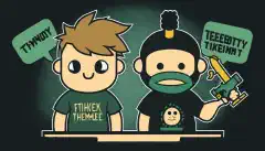 Анимированное изображение с двумя персонажами: один в футболке HackTheBox Academy, другой в футболке TryHackMe, над каждым из них облачко с символом, соответствующим их платформе, оба персонажа стоят на балансирующих качелях, уравновешенных посередине.