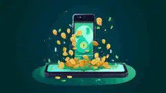 Иллюстрация, изображающая смартфон с вытекающими из него деньгами, представляет концепцию получения вознаграждения за обмен интернет-ресурсами через приложение Earn App.