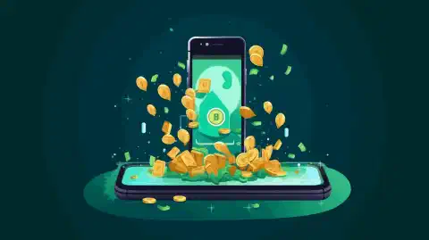 Иллюстрация, изображающая смартфон с вытекающими из него деньгами, представляет концепцию получения вознаграждения за обмен интернет-ресурсами через приложение Earn App.