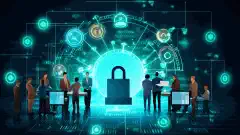 Изображение группы различных специалистов в области бизнеса, работающих на цифровой платформе, с пиктограммами замков, символизирующих кибербезопасность.