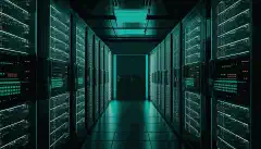 Изображение серверной комнаты с рядами серверов под управлением Windows Server 2022. Серверы должны быть аккуратно расставлены и хорошо освещены, что свидетельствует об ухоженной и эффективной ИТ-инфраструктуре.