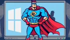 Изображение супергероя, стоящего перед компьютером с логотипом Windows на экране и щитом в руках, символизирует важность безопасных методов кодирования для защиты систем на базе Windows.