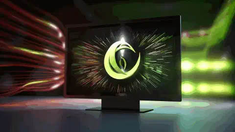 Изображение экрана компьютера с логотипом дистрибутива Linux с видеокартой NVIDIA и цветной графикой на заднем плане, символизирующей бесперебойную поддержку и оптимизацию производительности графических процессоров NVIDIA в дистрибутивах Linux.