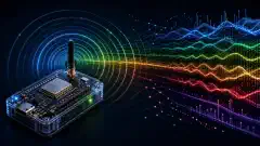 Иллюстрация, на которой изображено устройство на базе ESP32 на переднем плане, сканирующее сигналы WiFi. Разноцветные волны представляют различную мощность сигнала на тёмном фоне.