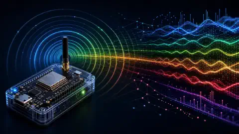 Иллюстрация, на которой изображено устройство на базе ESP32 на переднем плане, сканирующее сигналы WiFi. Разноцветные волны представляют различную мощность сигнала на тёмном фоне.