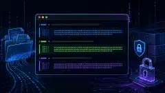 Иллюстрация футуристического терминала Linux, отображающего вывод команд хеширования, окружённого абстрактными файлами и цифровыми символами на тёмном фоне с яркими синими, зелёными и пурпурными акцентами.