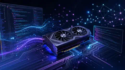 Иллюстрация локальной среды программирования с ИИ, где видеокарта NVIDIA RTX 4060 Ti окружена светящимися потоками данных и фрагментами кода на тёмном фоне.