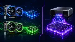 Иллюстрация показывает две видеокарты NVIDIA RTX 5060 Ti слева и систему NVIDIA GB10 справа. Обе выделены на тёмном фоне яркими цветами.