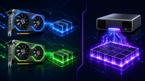 Иллюстрация показывает две видеокарты NVIDIA RTX 5060 Ti слева и систему NVIDIA GB10 справа. Обе выделены на тёмном фоне яркими цветами.