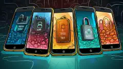 Иллюстрация четырех смартфонов, каждый из которых представляет компании Session, Status, Signal и Threema, защищенных замками, что подчеркивает их ориентированность на безопасный обмен сообщениями.