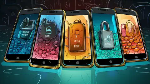 Иллюстрация четырех смартфонов, каждый из которых представляет компании Session, Status, Signal и Threema, защищенных замками, что подчеркивает их ориентированность на безопасный обмен сообщениями.