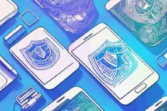 Мультипликационная иллюстрация смартфона с изображением щита и замка, символизирующих безопасность мобильного устройства и защиту данных