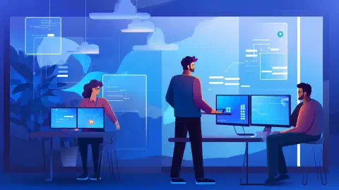  Изображение виртуальной машины, устанавливающей Windows 11 в виртуализированной среде, с улыбающимся ИТ-специалистом, наблюдающим за процессом.